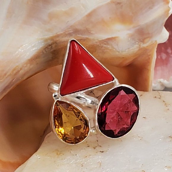 Handmade Artisan Jewelry - Silver Ring Natural Coral, Citrine, Spinel Stone
